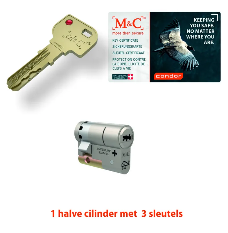 Halve M&C cilinder in nikkel met drie sleutels en een Condor security card
