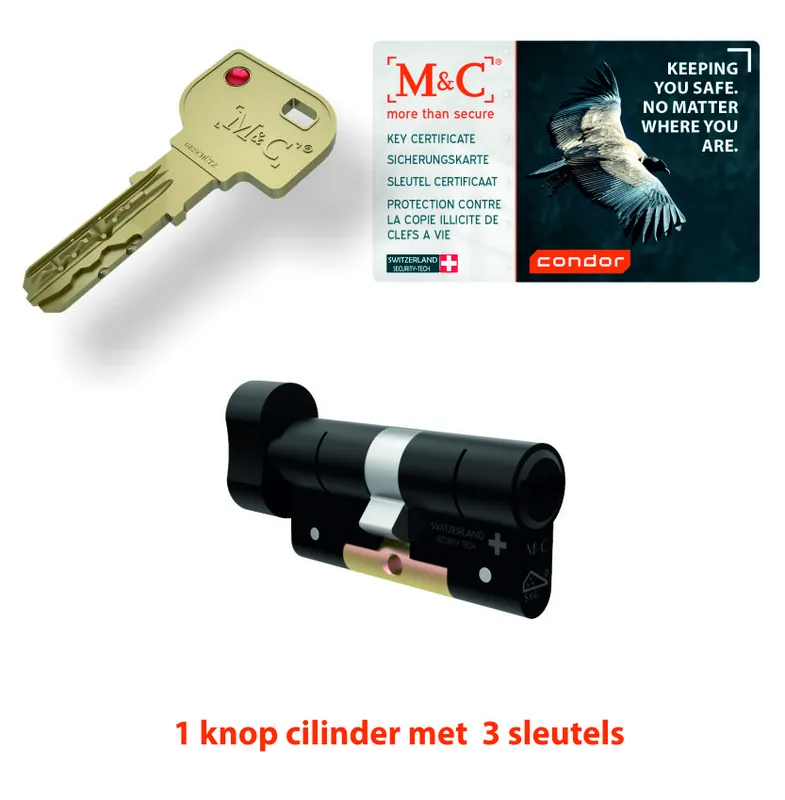 Zwarte M&C knopcilinder met drie sleutels en een Condor security card
