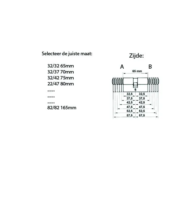 Overzicht van beschikbare cilindermaten met een tekening van A- en B-zijde