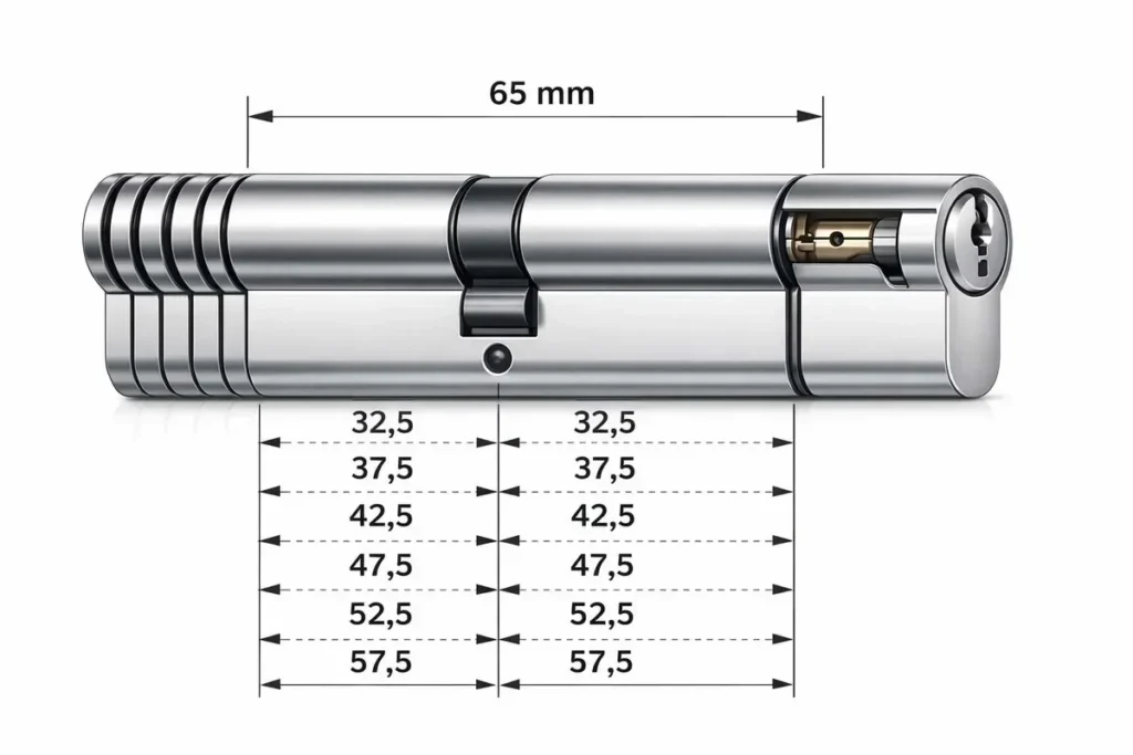 Cilinder van 65 mm met de beschikbare maten voor buiten en binnen van 32,5 tot 57,5 mm