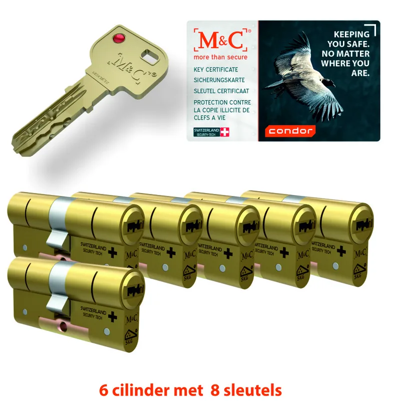 Zes gelijksluitende M&C cilinders in messing met acht sleutels